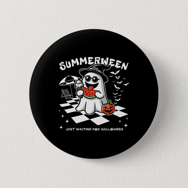 Badge Rond 5 Cm Summerween Éffrayant Halloween Vibes d'été Citroui (Devant)