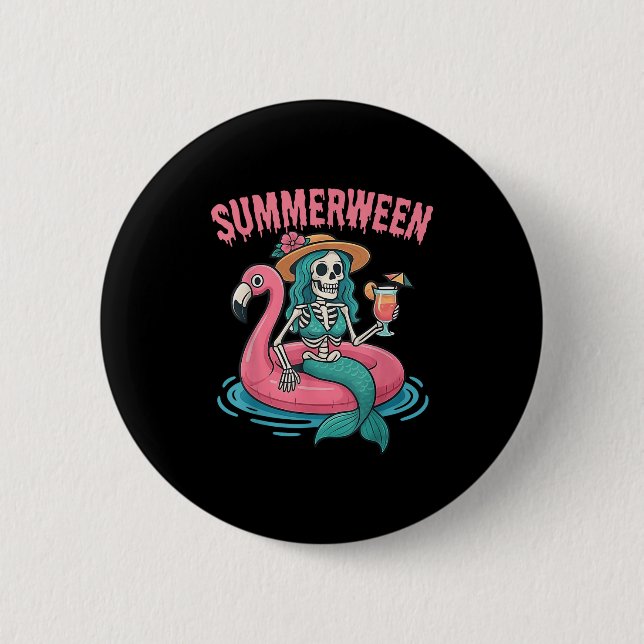 Badge Rond 5 Cm Summerween Mermaid Skeleton Beach Flamant rose Hal (Devant)