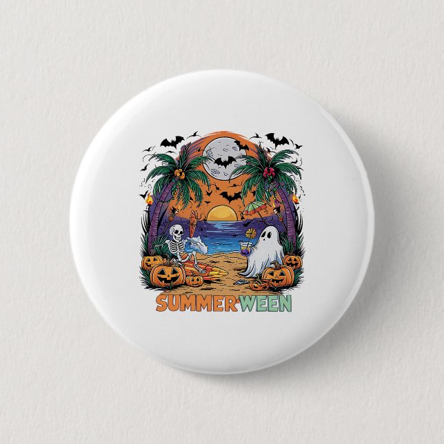 Badge Rond 5 Cm Summerween Skeleton Beach Party Halloween Vibes (Devant)