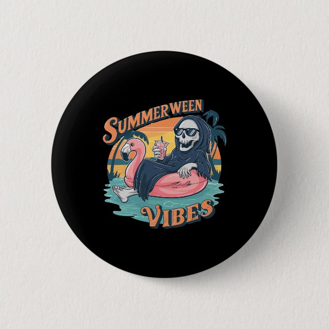 Badge Rond 5 Cm Summerween Vibes Skeleton Flamant rose Flotte été  (Devant)