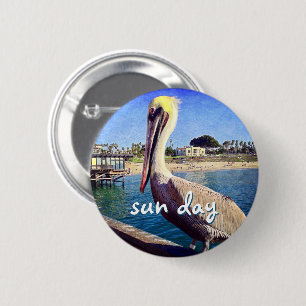 Badge Rond 5 Cm Sun Day Ocean Beach Pier Pelican Bird Photo mignon