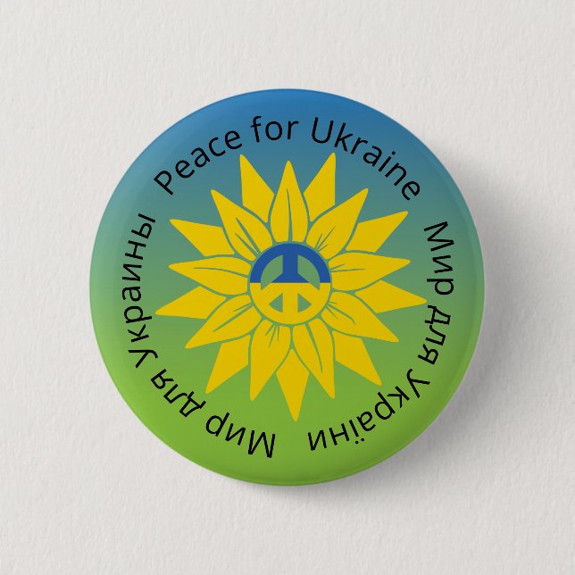 Badge Rond 5 Cm Sunflower Peace en anglais ukrainien et russe (Devant)