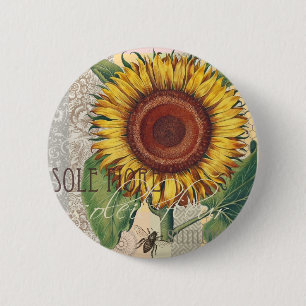 Badge Rond 5 Cm Sunflower Vintage Damask Flower Pattern Art
