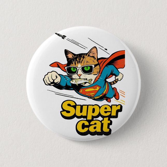 Badge Rond 5 Cm Super Chat Volant avec Poisson  (Devant)