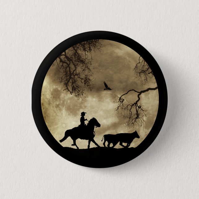 Badge Rond 5 Cm Super Cool Cowboy et bétail avec lune (Devant)