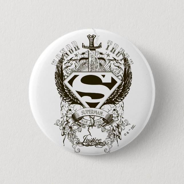 Badge Rond 5 Cm Superman Stylisé | Honneur, vérité sur logo blanc (Devant)