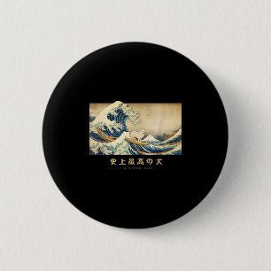 Badge Rond 5 Cm Surf Samoyed Kanagawa Vague Chien Japonais Drôle