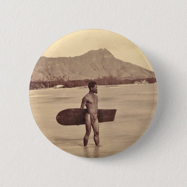 Badge Rond 5 Cm Surfer hawaïen indigène, C. 1890 (Devant)