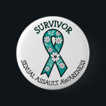 Badge Rond 5 Cm Survivor SA Teal Awareness Ribbon<br><div class="desc">Button with a teal and white flowers Sexual Assault awareness ribbon. For those who have survived abuse and assault.</div>