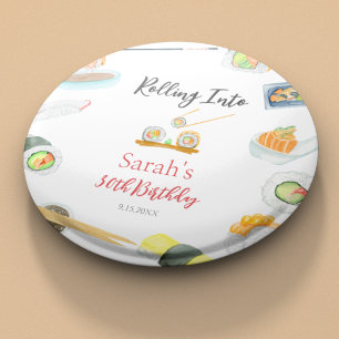 Badge Rond 5 Cm Sushi et Sashimi Anniversaire Aquarelle Blanc