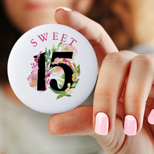 Badge Rond 5 Cm Sweet 15 Floral Numéro 15e Anniversaire