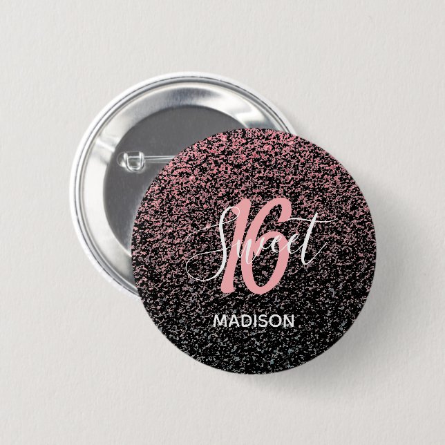 Badge Rond 5 Cm Sweet 16 Anniversaire Noir Blush rose Nom de la Pa (Devant & derrière)