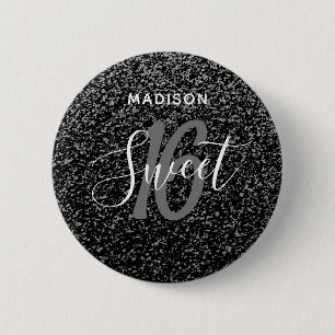 Badge Rond 5 Cm Sweet 16 Specks noir et argent Personnalisé