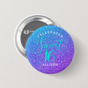 Badge Rond 5 Cm Sweet 16 Turquoise Purple Parties scintillant Anni