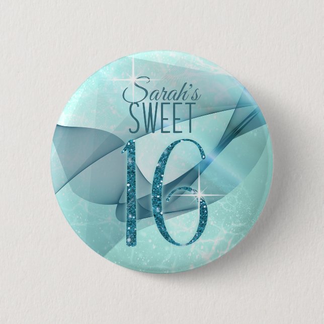 Badge Rond 5 Cm Sweet sixteen à persiennes étincelantes ID Turquoi (Devant)