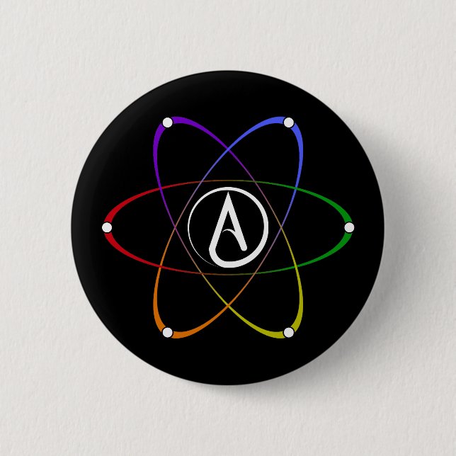 Badge Rond 5 Cm Symbole d'atome athée arc-en-ciel blanc (Devant)