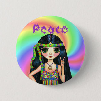 Badge Rond 5 Cm SYMBOLE DE LA PAIX DES ANNÉES 1960 Fille hippie av