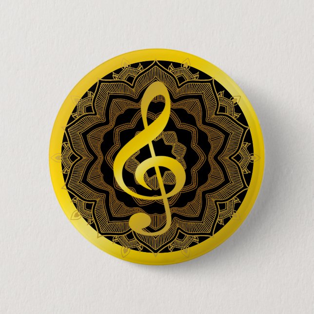 Badge Rond 5 Cm Symbole de musique Clef Notes en or Noir Mandala A (Devant)