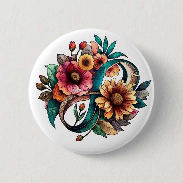 Badge Rond 5 Cm Symbole d'infini floral coloré de l'autisme (Devant)