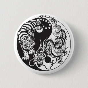 Badge Rond 5 Cm symbole du dragon et du tigre yin yang