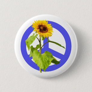 Badge Rond 5 Cm Symbole du tournesol et de la paix bleue