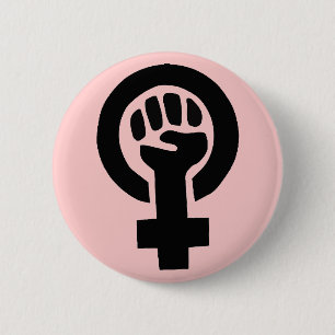Badge Rond 5 Cm Symbole féministe avec l'arrière - plan rose