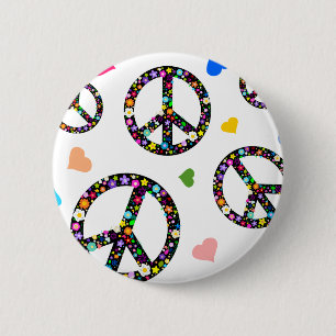 Badge Rond 5 Cm Symbole, fleurs et coeurs de paix coloré