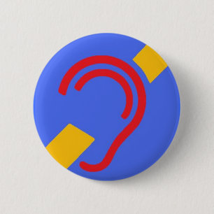 Badge Rond 5 Cm Symbole international pour sourd, rouge, jaune sur