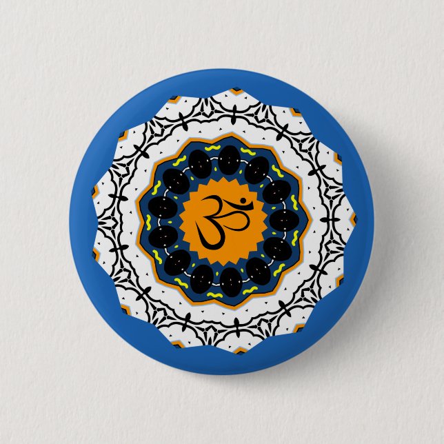 Badge Rond 5 Cm Symbole spirituel Mandala Yoga Om Symbole bleu Géo (Devant)