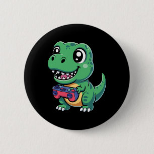 Badge Rond 5 Cm T-Rex Heureux Avec Manette De Jeu T-shirt Dino Gam