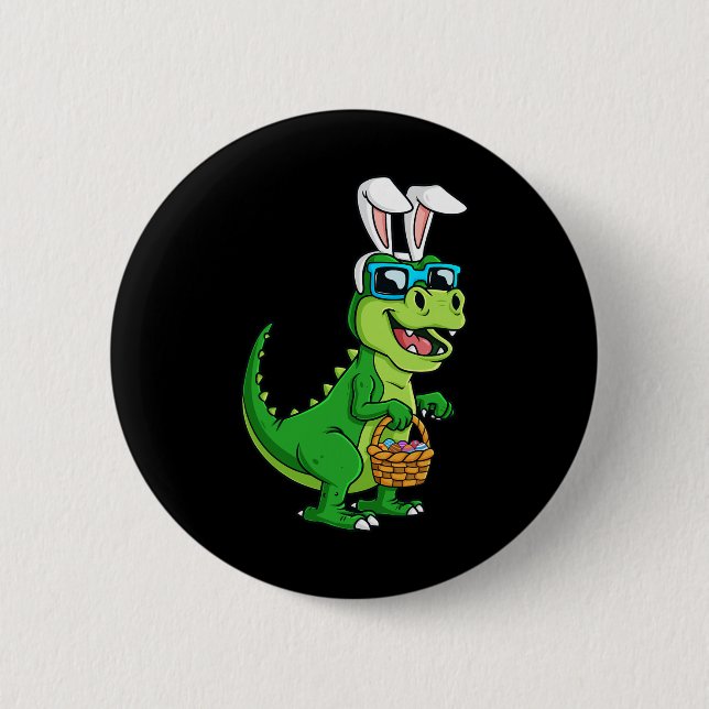 Badge Rond 5 Cm T Rex Lapin De Pâques Avec Panier Oeufs Dinosaure  (Devant)