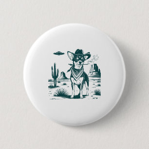 Badge Rond 5 Cm T-shirt Chihuahua Cowboys Ufo Western Drôle Chien