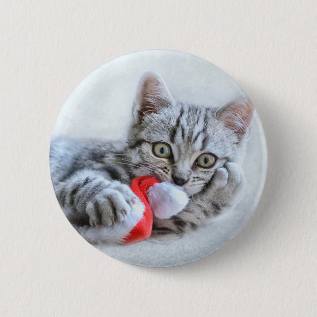 Badge Rond 5 Cm Tabby gris mou Chat avec Noël Casquette (Devant)