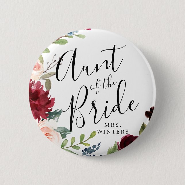Badge Rond 5 Cm Tante de la mariée | Burgundy Bouquet Mariage (Devant)