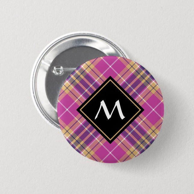 Badge Rond 5 Cm Tartan rose, or et bleu (Devant & derrière)