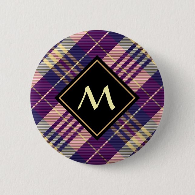 Badge Rond 5 Cm Tartan Violet, Or et Bleu (Devant)