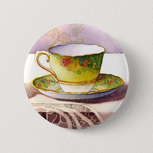Badge Rond 5 Cm Tasse de thé 0001 sur le bouton de dentelle (Devant)
