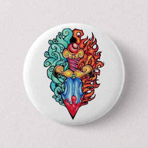 Badge Rond 5 Cm Tatouage de Dagger d'incendie et d'eau