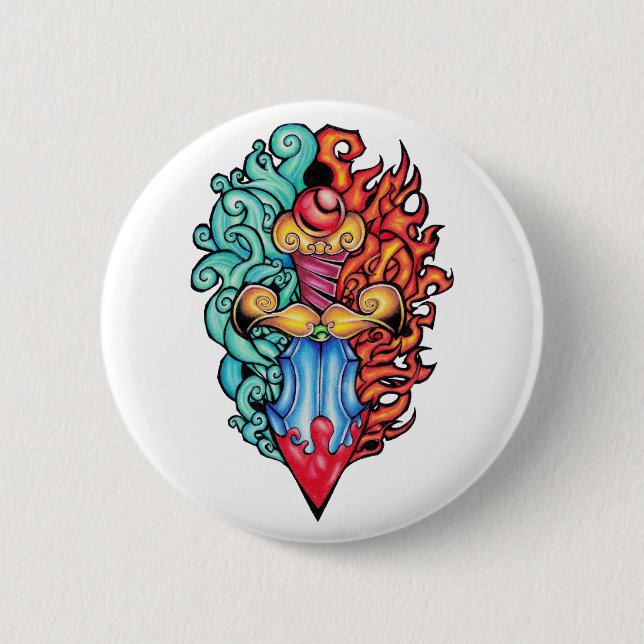 Badge Rond 5 Cm Tatouage de Dagger d'incendie et d'eau (Devant)