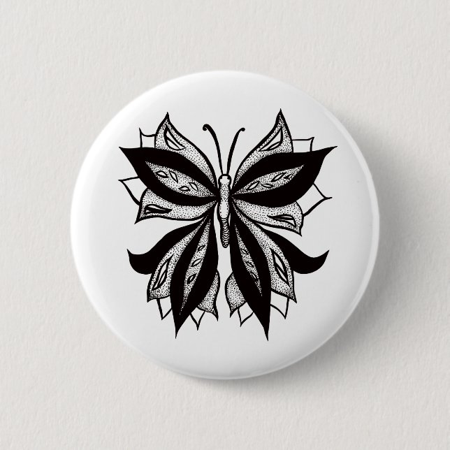 Badge Rond 5 Cm Tatouage Tribal Noir Et Blanc Papillon (Devant)