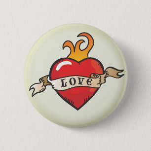Badge Rond 5 Cm Tattoo Love Heart avec flammes et bouton de banniè