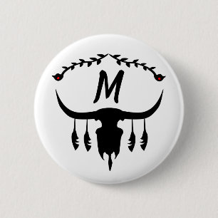 Badge Rond 5 Cm Taureau avec plumes noires Silhouette