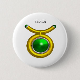 BADGE ROND 5 CM TAURUS /GOLD,GREEN EMERALD ZODIAC SIGN JEWEL