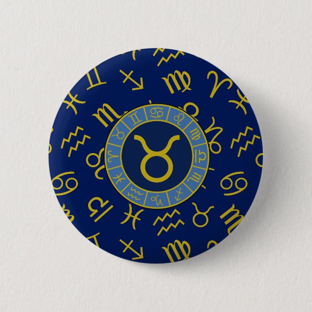 Badge Rond 5 Cm Taurus Zodiac+Astrologie Symboles Motif Or+Blues (Devant)