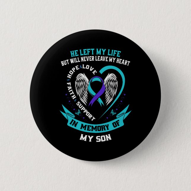 Badge Rond 5 Cm Teal And Purple Suicide Awareness Ribbon In Memory (Devant)