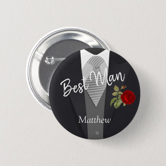Badge Rond 5 Cm Team Groom Tuxedo Suit  - Red Rose (Devant & derrière)