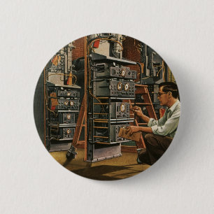 Badge Rond 5 Cm Technicien radio vintage réparant de l'équipement