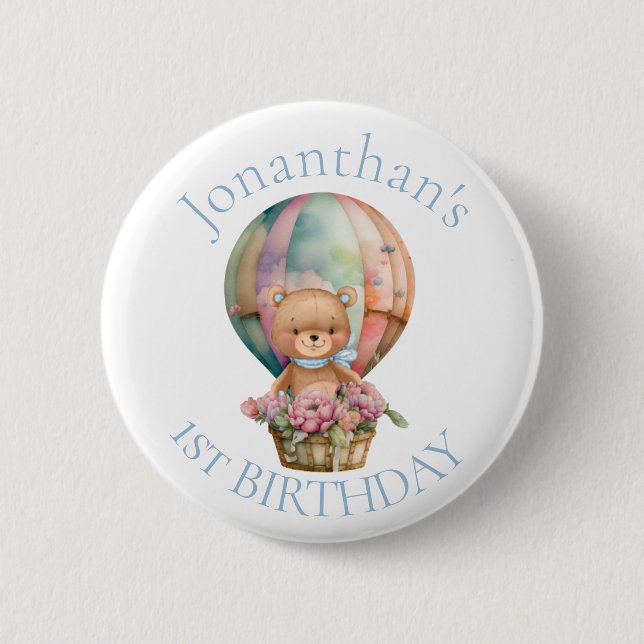 Badge Rond 5 Cm Teddy Bear  Balloons 1st Birthday  Button (Devant)