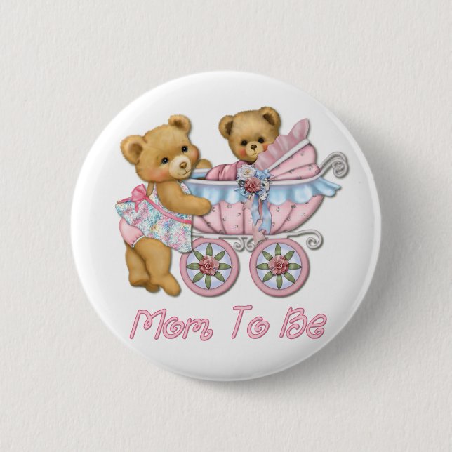 Badge Rond 5 Cm Teddy Bear Maman et Carriage - Rose (Devant)