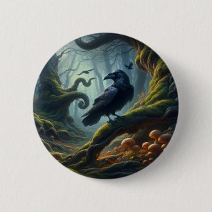 Badge Rond 5 Cm Teintes de la forêt mystique du corbeau